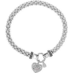 Crystal heart charm stretch bracelet silver tone rhinestone pave fashion jewelry